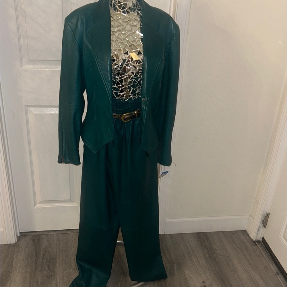 Nancy Heller Rare Vintage Green Genuine Leather Women's Pantsuit Set M